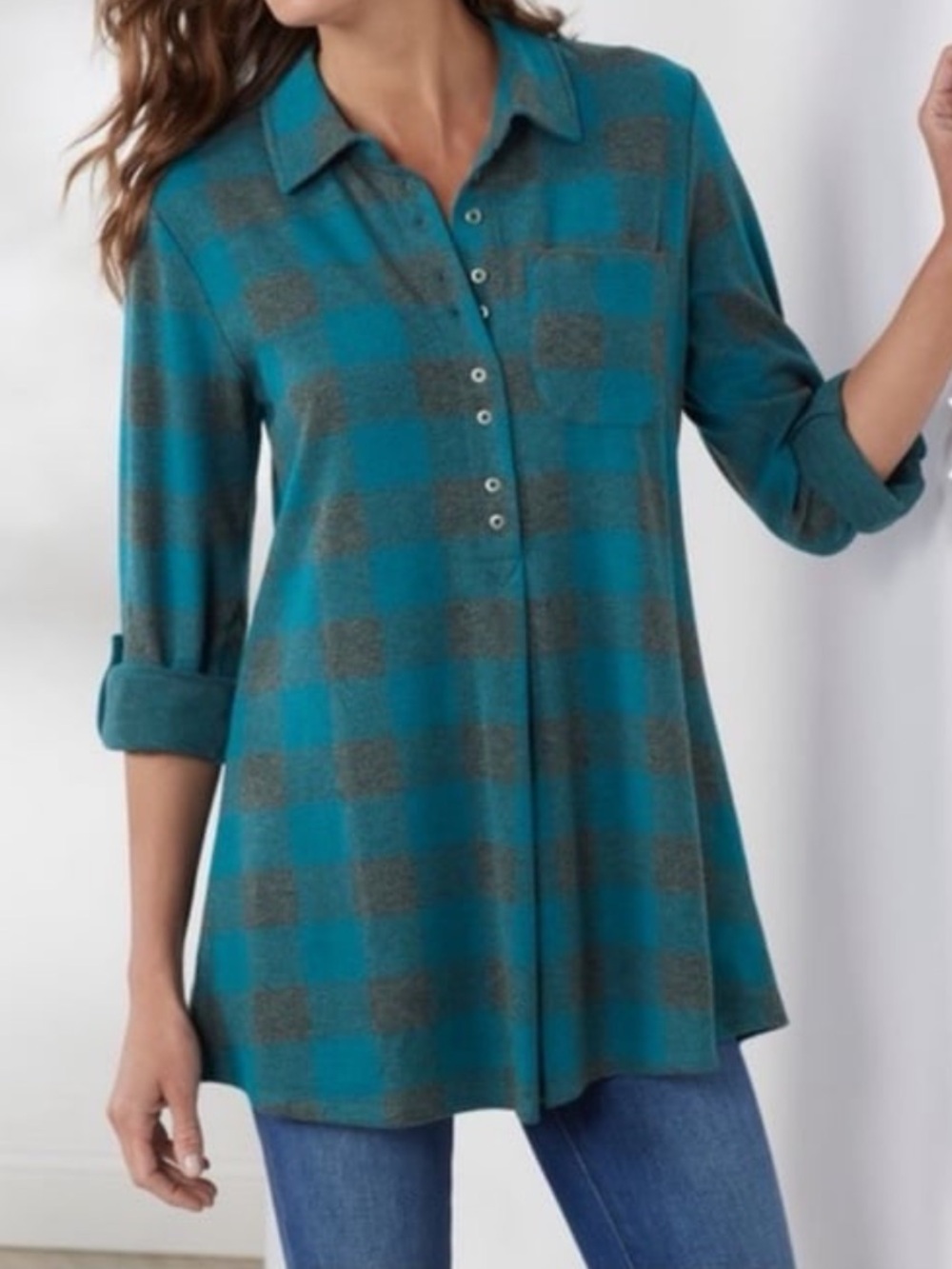 Soft Surroundings Mediterranean Blue Mad About Plaid Tunic Shirt - Size Large